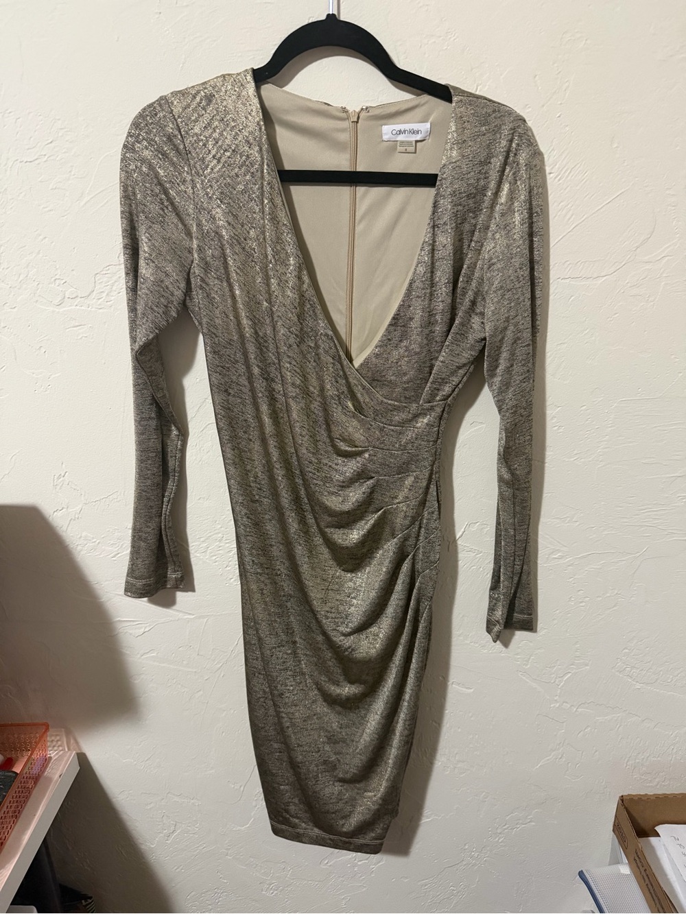 Calvin Klein Metallic Taupe-Grey Draped V-Neck Long Sleeve Dress